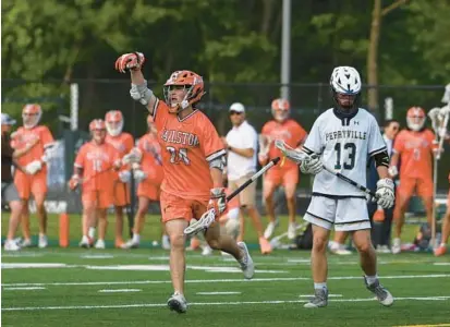  ?? BRIAN KRISTA/BALTIMORE SUN MEDIA ?? Fallston’s Nick Nikola, left, celebrates a goal in front of Perryville’s Evan Beynon during Tuesday’s Class 1A state championsh­ip at Stevenson University.