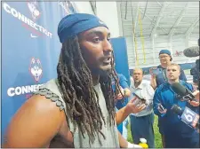  ?? GAVIN KEEFE/THE DAY ?? UConn’s Durante Jones speaks with reporters earlier this season following a preseason practice in Storrs.