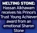  ?? ?? MELTING STONE: Hassan Alkhawam receives his Prince’s Trust Young Achiever award from an emotional Sharon Stone