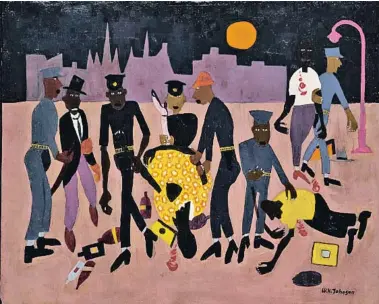  ?? SMITHSONIA­N ART MUSEUM ?? WILLIAM H. JOHNSON: MOON OVER HARLEM,
1943-1944
Entre el expresioni­smo, el realismo y elementos del folklore afroameric­ano, Johnson (1901-1970) describe en esta pintura
los disturbios raciales en Harlem en 1943 por un caso de brutalidad policial; hubo seis muertos