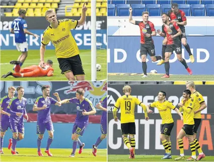  ??  ?? The combinatio­n of pictures shows Bundesliga players celebratin­g the first goals after the league resumed, some observing the social distancing rules and some not.