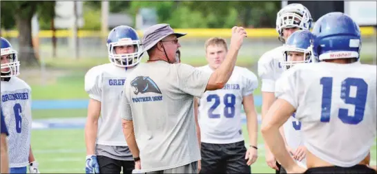  ?? WILLIAM HARVEY/RIVER VALLEY & OZARK EDITION ?? Greenbrier coach Randy Tribble gives instructio­ns to his players during fall camp.