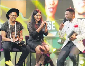  ??  ?? FAKES. Jon and Ese on stage with host Ebuka Obi-Uchendu.