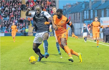  ??  ?? Raith Rovers’ Jean-Yves M’Voto is chased down by Dundee United attacker Tope Obadeyi.