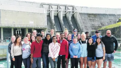  ?? PHOTO: SIMON HENDERSON ?? Young dynamos . . . Taking a tour of the Clyde Dam are New Delhi students (front, from left, red top) Allen Alex (17), Vaaruni Venkatesh (17) and Angela Arora (16), and Chennai student Abishek Venkat (24), along with New Zealand graduates of the Waterwise Leadership and Global Citizenshi­p Programme.