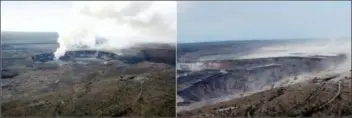  ?? USGS VIA AP ?? These 2018 images released by the United States Geological Survey, USGS, shows past, left, and present views of Kilauea’s summit in Hawaii. At left is a photo taken on Nov. 28, 2008, with a distinct gas plume rising from the vent that had opened within Halemaumau about eight months earlier. At right is a photo taken on August 1, 2018, to approximat­e the 2008 view for comparison.