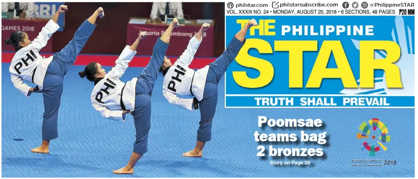  ?? JOEY MENDOZA ?? Janna Dominique Oliva, Rinna Babanto and Juvenile Faye Crisostomo perform during the taekwondo women’s team poomsae competitio­n at the 18th Asian Games in Jakarta, Indonesia yesterday. The Philippine team settled for the bronze after losing to South Korea in the semifinals.