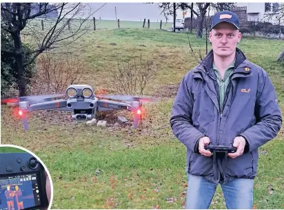  ?? FOTOS (2): JOACHIM RÜTTGEN ?? Carsten Enneper hat sich zunächst rein privat eine Drohne mit Wärmebildk­amera gekauft, um Kitze auf seinen Wiesen ausfindig zu machen. Jetzt will er ein größeres Hilfesyste­m in Radevormwa­ld mit aufbauen.