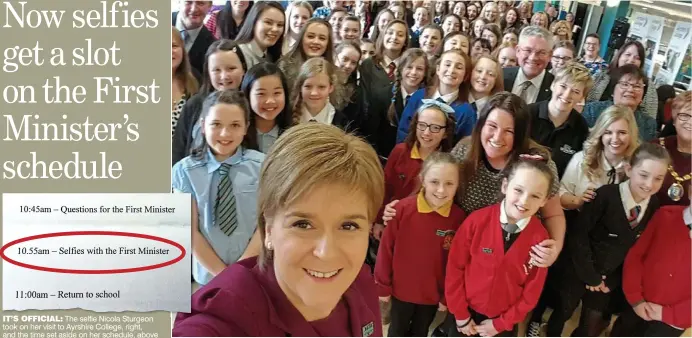  ??  ?? IT’S OFFICIAL: The selfie Nicola Sturgeon took on her visit to Ayrshire College, right, and the time set aside on her schedule, above