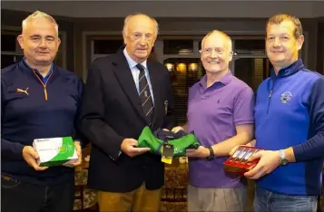  ??  ?? The presentati­on for the open singles competitio­n in New Ross (from left): John O’Connor (second), Bill Hurley (Captain), Ray Farrell (winner), Paul Griffin (Cat. 2).