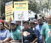  ??  ?? Food and Allied Workers Union and South African Poultry Associatio­n members during their protest march in February to the EU office in Pretoria.