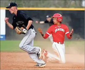  ?? / Jeremy Stewart ?? Pepperell’s Gage Moses reacts after being called out while trying to steal second base as Rockmart’s Johnathan Suppes pumps his fist as he heads to dugout at the end of a Region7AA game Friday in Lindale.