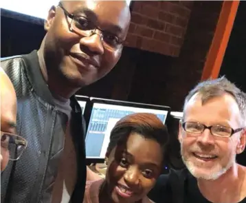  ??  ?? Janet with her husband (left) and producer Andrew Baird at Orangotang Studios in South Africa