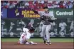  ?? JOE PUETZ — THE ASSOCIATED PRESS ?? St. Louis Cardinals’ Dylan Carlson (3) is out at second but San Francisco Giants second baseman Wilmer Flores (41) is unable to turn a double play during the fourth inning of a baseball game on Sunday in St. Louis.