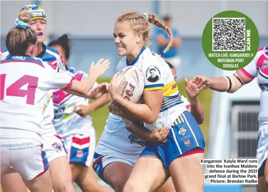  ?? ?? Kangaroos’ Kaiyla Ward runs into the Ivanhoe Maidens defence during the 2021 grand final at Barlow Park. Picture: Brendan Radke