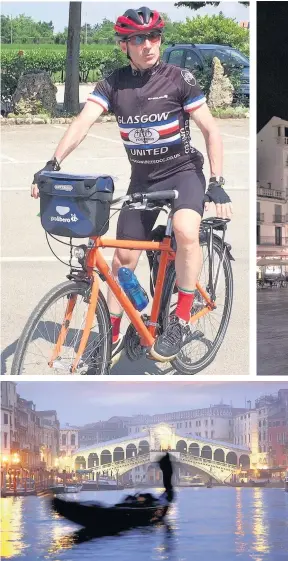  ??  ?? SIGHT Stop in Venice took in the Bridge of Sighs. Above, Mark in his cycle gear