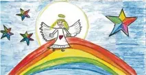  ??  ?? Ein Engel thront auf einem Regenbogen – gemalt von Helena Grob, 8, aus All‰ mannshofen.