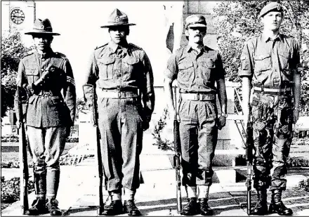  ?? CAMBRIDGE MUSEUM ?? Four types of uniform were paraded at Cambridge’s Anzac Day commemorat­ions in 1985.