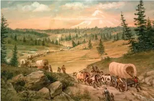  ??  ?? SALIR A TIEMPO. Era vital iniciar el viaje a finales de abril, para que hubiera pasto en el trayecto y para llegar antes del invierno a las montañas (abajo, caravana hacia Mount Hood, Oregón, 1865).