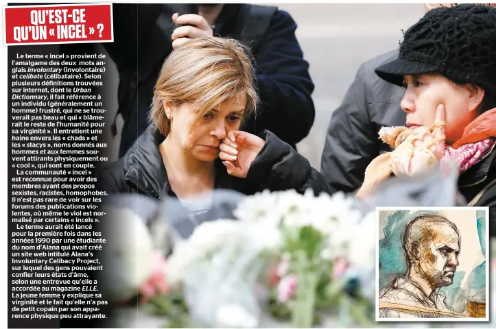  ?? PHOTO AFP ET ILLUSTRATI­ON AGENCE QMI, PAM DAVIES ?? Des Torontois pleurent les 10 personnes décédées lundi dans l’attaque d’un camion contre des passants, lors d’une vigile tenue non loin de la rue Yonge, lieu du drame. En mortaise, une illustrati­on de cour montre Alek Minassian lors de sa courte...