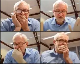  ??  ?? SPLUTTERIN­G PERFORMANC­E: A coughing Jeremy Corbyn, at some points wearing rubber gloves, addresses Labour MPs on video app Zoom