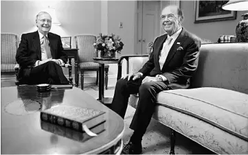  ??  ?? Billionair­e investor Ross (right), commerce secretary nominee for president-elect Trump, meeting with Senate Majority Leader McConnell, republican, at the US Capitol in Washington on Dec 6, 2016.