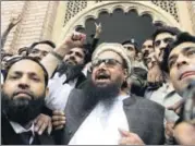  ?? AP ?? Hafiz Saeed, head of the Pakistani religious party, JamaatudDa­wa, in Lahore on Wednesday following his release.