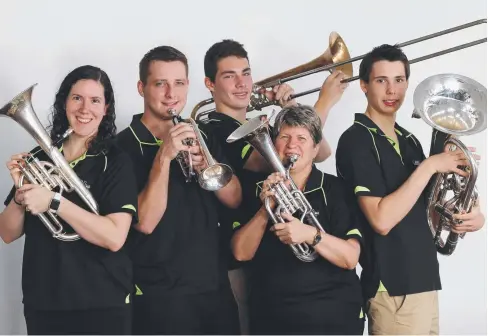  ??  ?? TUNED UP: Members of Cairns Brass Julia Christo, Geordie McInnes, Oliver Qurukchi, Deb Paraha and Ben Stein are ready to perform in concert. Picture: STEWART McLEAN Sweat &amp; Tears Brass