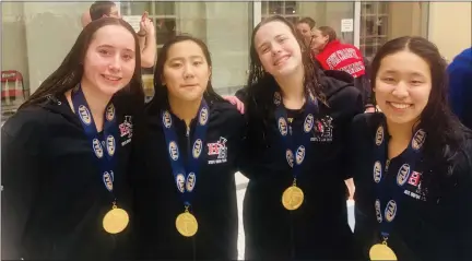  ?? KEV HUNTER — MEDIA NEWS GROUP ?? Hatboro-Horsham’s 200medley relay of, from left, Sarah Parker, Emmy Erikson, Annie Jia and Kathy Jia won gold at the PIAA Championsh­ips on March 16, 2022.