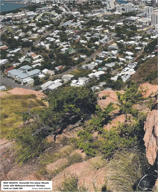  ?? Picture: EVAN MORGAN ?? NEW HEIGHTS: Townsville Fire player Micaela Cocks with Melbourne Boomers’ mers Monique Conti on Castle Hill.