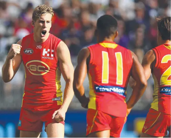  ??  ?? Suns spearhead Tom Lynch benefits from strong work by teammates up the ground, according to Adelaide coach Don Pyke.