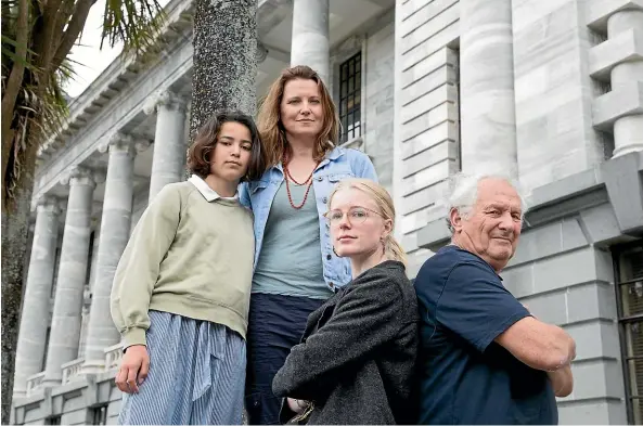  ?? ROSS GIBLIN/STUFF ?? Intergener­ational Climate Ambassador­s, from left, Ma¯ia Wijohn, Lucy Lawless, Sophie Handford and Jim Salinger want action.