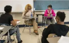  ?? ?? Brenda Tate, center, and Charlene Foggie-Barnett chat with Westinghou­se High School students in April 2018.