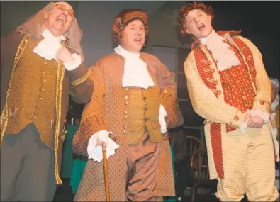  ?? STAFF PHOTOS BY JAMIE ANFENSON-COMEAU ?? Benjamin Franklin, played by Peter Ullman, John Adams, played by Tommy Scott, and Thomas Jefferson, played by Matt Jones, sing “The Egg” in Act 2 of the Port Tobacco Players’ production of “1776.”