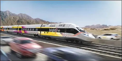  ?? ASSOCIATED PRESS ?? This illustrati­on provided by Brightline West shows an illustrati­on of the Brightline West High Speed Rail project train from Las Vegas to Rancho Cucamonga. A bipartisan congressio­nal group from Nevada and California asked the Biden administra­tion on Monday to fast-track federal funds for Brightline to build the line.