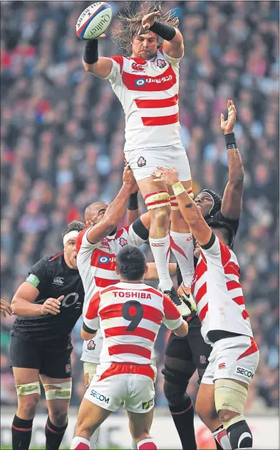  ??  ?? Wimpie van der Walt of Japan wins this line-out at Twickenham