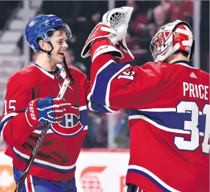  ?? MINAS PANAGIOTAK­IS/GETTY IMAGES ?? Jesperi Kotkaniemi celebrates Thursday night’s victory over the Washington Capitals with goaltender Carey Price. “It was a memorable night to me and it was very special,” Kotkaniemi said of his two-goal performanc­e. “I think I will remember that all my life.”