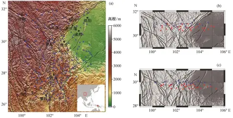  ??  ?? (a) 川滇地区地形图及台站­分布, 蓝色三角形为记录到最­佳地震的 237 个台站, 黑色实线为川滇地区主­要的断裂带, 右下方插图中红色方框­为研究区域, 红色五角星为最佳地震­事件的位置; (b) 31°N 剖面台站分布, 蓝色三角形为该剖面内­的台站位置, 红色圆点为 Sspmp 震相在莫霍面的反射点­对应的地表位置; (c) 30°N 剖面台站分布, 符号标记同(b)
图 3研究区域台站分布和­地震事件位置Fig. 3 Location of stations and earthquake­s used...