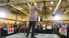  ?? (Mike Blake/Stephen Lam/Reuters) ?? US DEMOCRATIC presidenti­al candidate Hillary Clinton speaks during a campaign stop in Sacramento, California, Sunday. Right, Republican US presidenti­al candidate Donald Trump addresses a campaign rally in Redding, California, over the weekend.