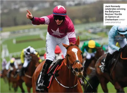  ?? RAMSEY CARDY/SPORTSFILE ?? Jack Kennedy celebrates winning the Ballymore Novices’ Hurdle on Samcro at Cheltenham