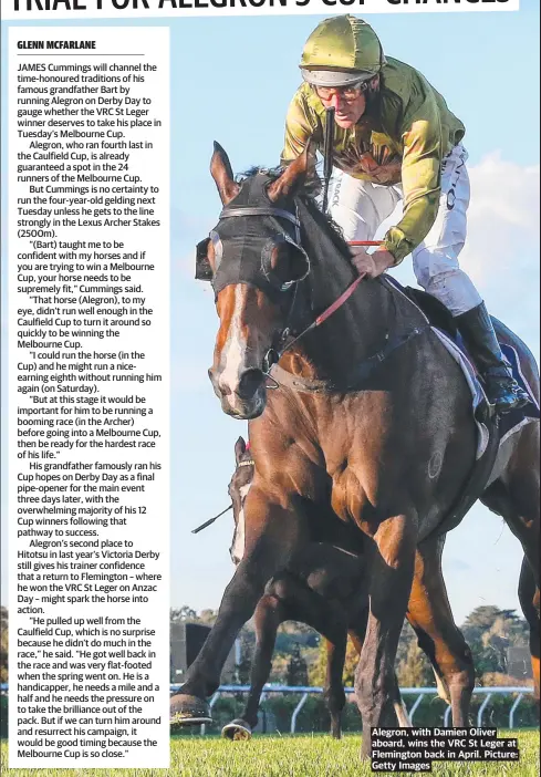  ?? Picture: Getty Images ?? Alegron, with Damien Oliver aboard, wins the VRC St Leger at Flemington back in April.