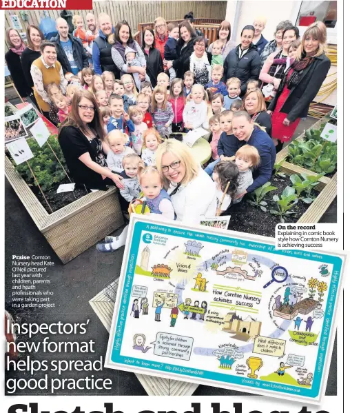  ??  ?? Praise Cornton Nursery head Kate O’Neil pictured last year with children, parents and heath profession­als who were taking part in a garden project On the record Explaining in comic book style how Cornton Nursery is achieving success