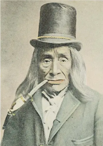  ?? FROM THE UNO LANGMANN COLLECTION ?? This postcard of a First Nations man smoking a pipe was derived from a photo taken in about 1897 by a Jones Bros. photograph­er. It was later used in postcards and cabinet cards, a Christmas greeting card where a thin print was glued onto a hard...