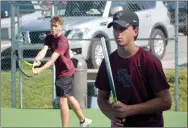  ?? Graham Thomas/Herald-Leader ?? Siloam Springs doubles players (from left) Jadon Gill and Ezekiel Becan get set to play a point against Mountain Home during a 5A-West Conference match on Tuesday, Aug. 30, at the John Brown University Tennis Complex.