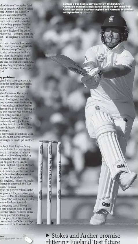  ??  ?? England’s Ben Stokes plays a shot off the bowling of Australia’s Mitchell Marsh during the third day of the fifth Ashes Test match between England and Australia in London on September 14.