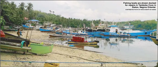  ?? CONTRIBUTE­D PHOTO BY GRACE MONTE DE RAMOS ?? Fishing boats are shown docked for repairs in Tambobo Cove in Siaton, Negros Oriental.