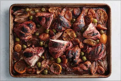  ?? PHOTOS BY JOHNNY MILLER — THE NEW YORK TIMES ?? Ground sumac, which is more widely available than ever, lends its pinkish tone and lemony tang to this roasted chicken with apricots and olives.