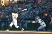  ?? PHOTO BY JOE BOYLE ?? Enmanuel Valdez fouls off a pitch at Joe Bruno Stadium. Valdez has eight home runs and 22 RBI and a .244 average.