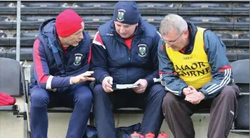  ??  ?? Michael Anthony O’Neill, manager Garry Laffan and Johnny Doyle discuss tactics. Photo: Dave Barrett