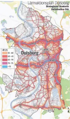  ?? GRAFIK: DENISE OHMS/QUELLE: STADT DUISBURG ?? Die Lärmkarte der Stadt Duisburg zeigt die besonders stark frequentie­rten Autobahnen, Straßen und Bahnstreck­en.